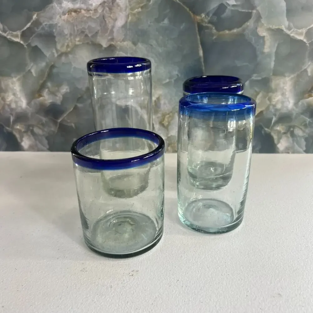 Vintage Hand Blown Glasses Mexican Cobalt Blue Rim Mixed Sizes Thick Heavy